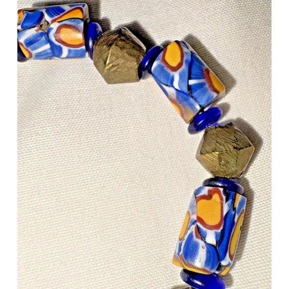 Bracelet Venetian Millefiori Glass African Trade Beads Yellow Blue Cylindrical - Picture 6 of 12